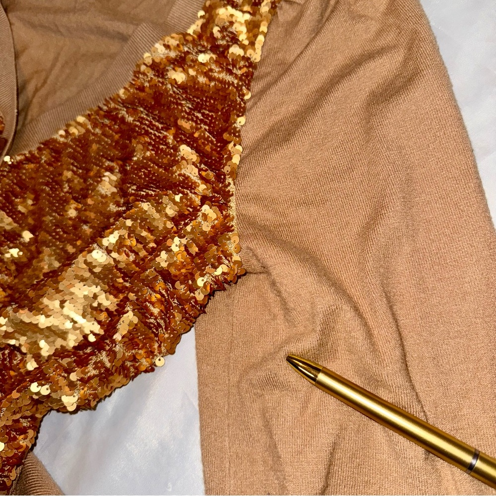 Gold Sequin Bling Glam Cardigan Sweater Holiday Party Festive Ladies Large - Picture 12 of 13